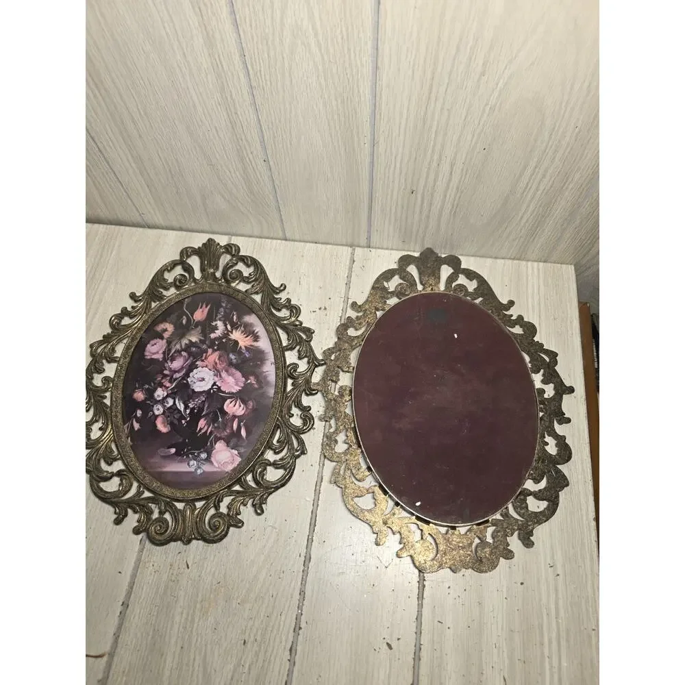Vintage Set Of Italian Ornate Brass Framed Oval Prints Convex Bubble Glass 10x13